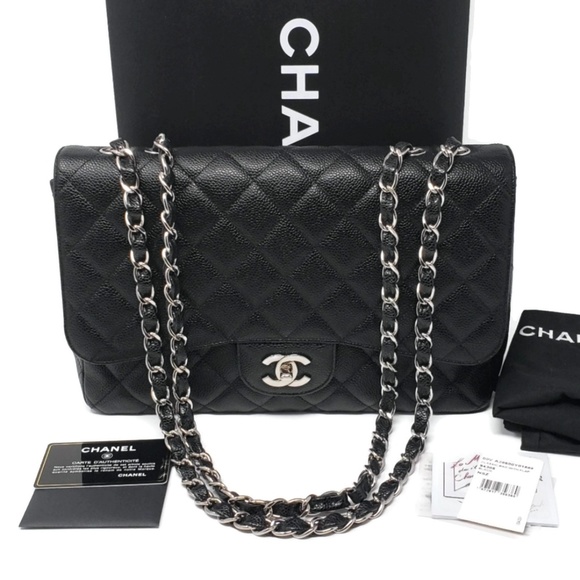 CHANEL Handbags - 100% Auth CHANEL Jumbo Caviar Silver Single Flap